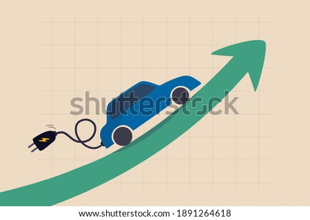 Electric car stock pice soaring, EV, electric vehicle earning and profit increase in new economy stock market concept, Electric car with plug-in cruising on rising up green stock market arrow graph. Photo stock © 