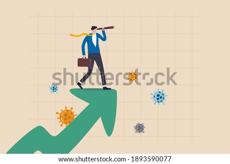 Post pandemic vision, economic outlook after Coronavirus COVID-19 crisis concept, smart businessman standing on upward rising growth graph using telescope to see the way forward with virus pathogen.