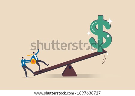 Leverage investing, investor borrow money or stock to increase potential return concept, businessmen investor borrow money coin from other to use to leverage the seesaw to gain big dollar money sign. Stock foto © 