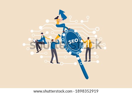 Digital marketing, SEO, Search Engine Optimization or Social media to engage online user concept, young people, advertising agency worker working on internet and digital line with SEO magnifying glass