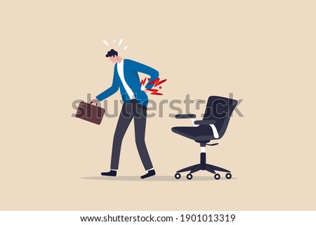 Office syndrome back pain, sitting and work too long causing back ache or inflammation of neck, shoulder and back muscles concept, painful office worker holding his back pain with office chair.