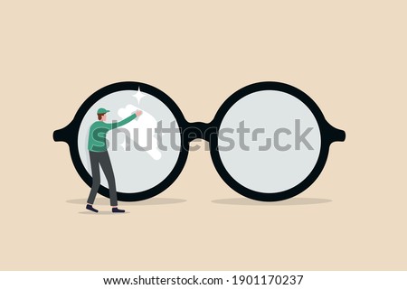 Clear business vision, see through lenses in details or clean and clear business outlook concept, miniature worker cleaning huge eyeglass lenses for owner to get clear vision.