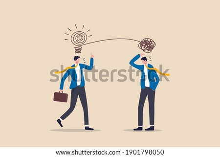 Proactive and reactive thinking, chaos and order theory or simplify idea to solve difficulty problems concept, businessmen discussing work using creativity solving messy line into light bulb idea.