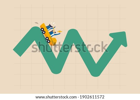 Investment volatility metaphor of riding roller coaster, financial stock market fluctuation rising up and falling down concept, people investors riding roller coaster on fluctuated market chart.