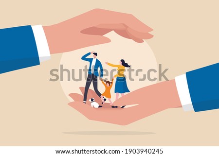 Family safety, life insurance or protection concept, lovely family holding hands, parent with daughter and cute little dog in helping hand palm with other hand cover above for shelter and protection.
