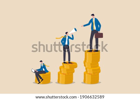Income gap, inequality revenue in capitalism or career development to earn more income, middle income trap concept, businessman poor, middle and rich worker standing on stack of their wealth coins.