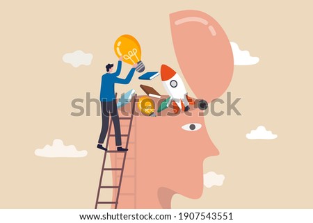 Upskill, learn new things or knowledge development for new skill and improve job qualification concept, man putting light bulb ideas, books and rocket booster into human head to upgrade working skill.