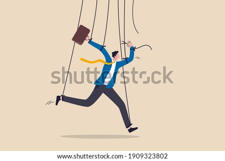 Freedom for work and decision making, authority to work independently, stop micromanagement, or people manipulation concept, businessman marionette, puppeteer use scissors to cut controlled strings. Foto stock © 