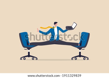 Flexible work, let employee manage their working time to finish project concept, smart relax businessman working with laptop computer stretching his leg between chairs balance like yoga.