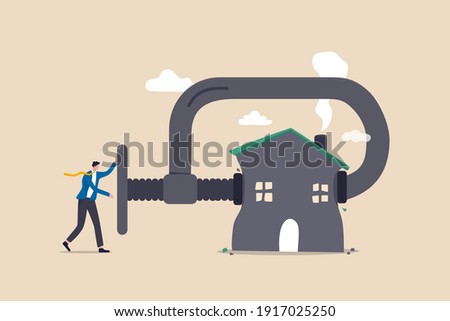 House mortgage refinance, reduce cost and interest payment, manage budget to pay for best house deal concept, businessman home owner using big clamp to squeezing house metaphor of refinancing mortgage Сток-фото © 