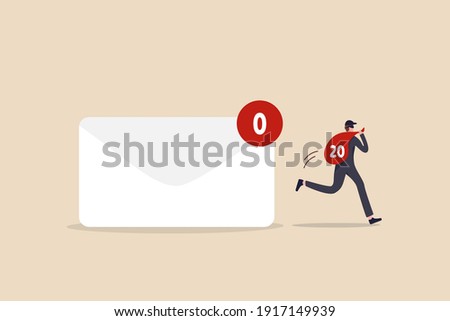 Data privacy, personal email confidential, thief, cyber hacker or email provider show advertising based on inside information concept, thief holding red bag full of data from letter with no new email.