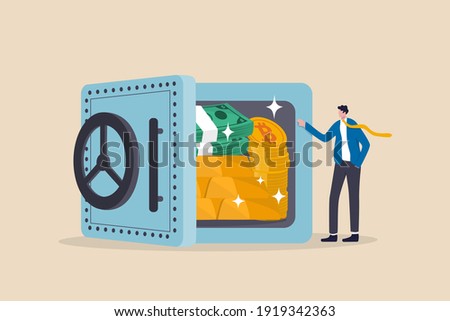 Alternative financial assets, crypto currency bitcoin, cash and gold for investment retirement plan concept, businessman investor standing with security safe with full of cash, gold and bitcoin inside