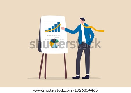 Business presentation, professional speaker to present work progress or investment portfolio concept, smart businessman present business analysis report on whiteboard in company meeting or conference.