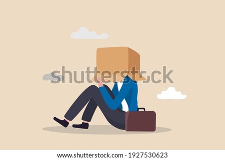 Business failure, work mistake or misfortune and unlucky, bankruptcy or fail entrepreneur concept, depressed businessman sitting covered his head with box, shameful cannot face people or society.