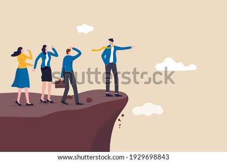 Wrong decision making, stupid incompetence leader or boss, mistake lead company and employees to sabotage or bad problem concept, stupid boss manager pointing order employees to jump off cliff. ストックフォト © 