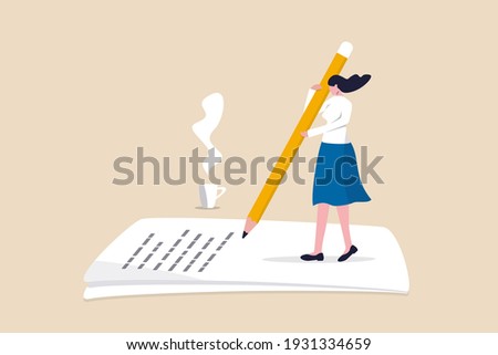 Content writer, blogger, bullet journalist or publishing editor concept, young smart woman freelance holding big pencil thinking and writing content on notepad paper with cup of coffee.