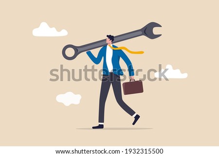 Fix business problem, help resolve problem, improve business in downturn or crisis management concept, smart businessman carrying big wrench metaphor of fixing problem.