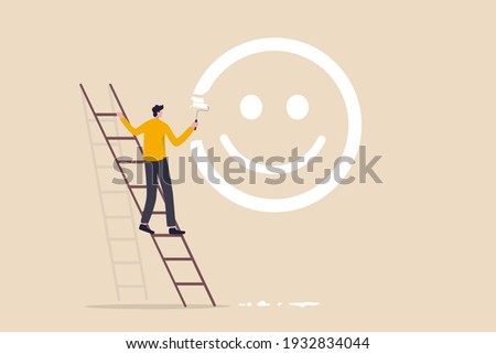 Happiness and positive thinking, optimism or motivation to live happy life concept, happy boy climb up ladder to paint smile face on the wall. 商業照片 © 