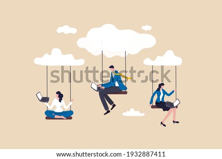 Cloud computing, remote work on company cloud infrastructure, technology to connect people concept, people businessman and woman office employees working with computer laptop on swing suspend on cloud