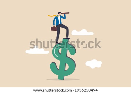 Vision for global financial or economy, business opportunity or investment forecast concept, smart confident businessman standing on US dollar money sign using telescope to see future prediction.