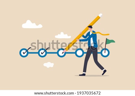 Project tracking, goal tracker, task completion or checklist to remind project progress concept, businessman project manager holding big pencil to check completed tasks in project management timeline.