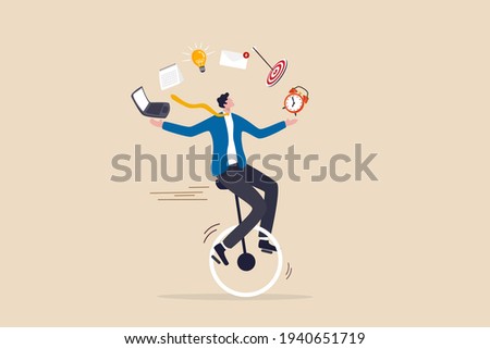 Productive master, productivity and project management skill, multitasking work and time management concept, skillful businessman riding unicycle juggling elements, laptop, calendar, ideas and emails. Foto d'archivio © 