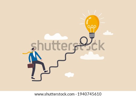 Creativity for business idea, thinking and brainstorm for new idea or opportunity, career path or goal achievement, businessman start walking on electricity line as stairway to big idea lightbulb.