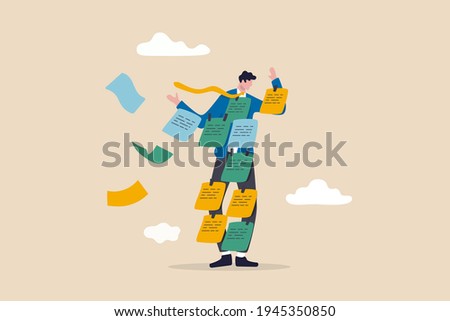 Too many ideas, overworked or busy schedule and reminders, procrastination or multi-tasking workaholic concept, busy tried businessman cover with adhesive reminder sticky notes on him.