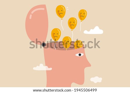 Relaxation to let anxiety and negative thought fly away, mentally relieve or mindfulness to cure depression, open head to let balloons with sad and unhappy face fly away.