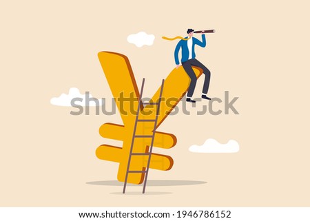 Japan economic vision and forecast, leadership skill to lead country financial in economics crisis concept, businessman climb up ladder to top on Japanese yen sign using telescope to see future vision