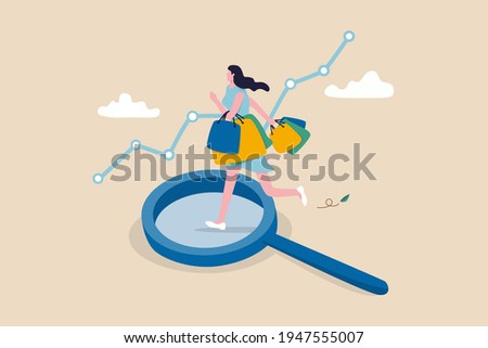 Customer insight, information from analyze consumer behaviors or journey, optimizing customer experience concept, happy woman consumer holding full of shopping bags on analysis magnifying glass.