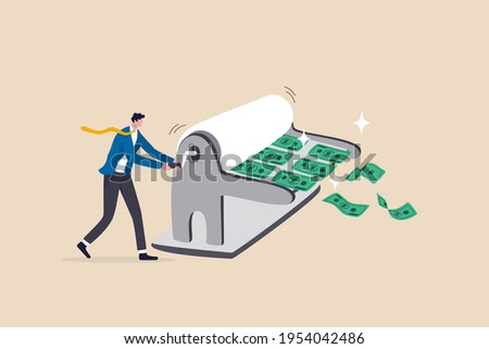 Printing money, quantitative easing policy by countries central bank or FED, federal reserve to stimulate economics concept, businessman central bank man rolling money printer to print money banknotes