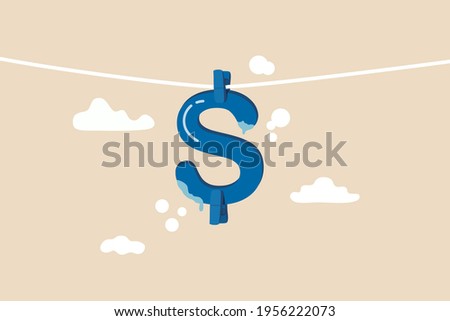Money laundering and financial crime, cleaning dirty money process, tax cheating or illegal profit concept, US dollar sign hanging dry after laundry or wash metaphor of money laundering.