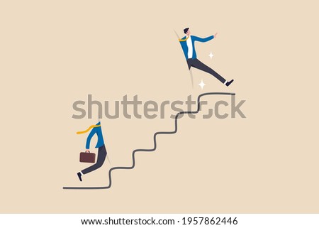 Shortcut for business success, stairway or step to career growth, get rich fast or strategy to achieve target concept, smart confidence businessman climbing up stair with special shortcut to success.