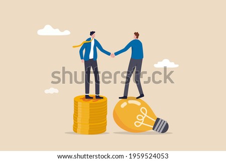 Idea pitching, fund raising and venture capital, selling business or merger agreement concept, entrepreneur businessman standing on lightbulb idea lamp shaking hands with VC on money coins stack.