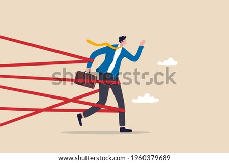 Business difficulty or struggle with career obstacle, limitation and trap or challenge to overcome to success concept, businessman tied up with red tape trying to run away with full effort.