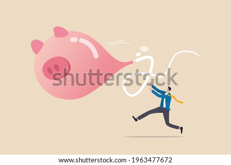 Loss money from economic crisis or stock market crash, financial problem or losing all savings pension concept, businessman running trying to catch flying deflate piggy bank balloon.