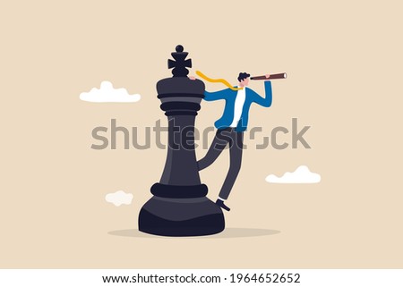 Business planning strategy, leadership vision to make decision, management or business opportunity concept, business man leader standing on king chess piece using telescope to see business vision.