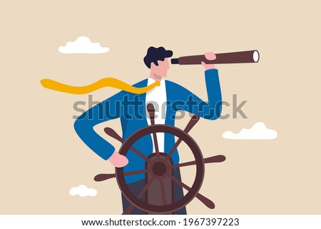 Business leadership and visionary to lead company success, career direction or work achievement concept, smart businessman boat captain control steering wheel helm with telescope vision.