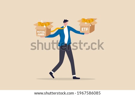 ETF, index fund or mutual fund alternative concept, businessman investor holding or balance ETF box on left hand and mutual fund box on right hand.