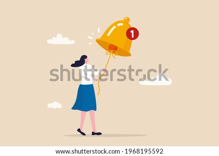 Ring subscription bell to get reminder for new social media content, young woman new subscriber ringing the big bell with notification number.