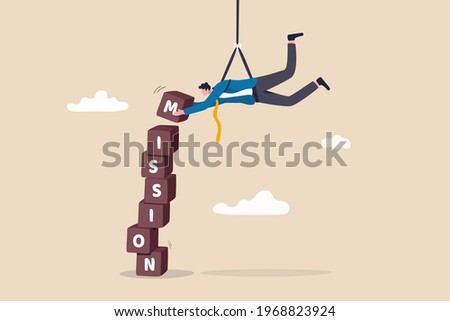 Business mission, leadership skill to achieve target and overcome work obstacle or motivation to do impossible thing concept, skillful businessman hanging from above manage to complete mission blocks.