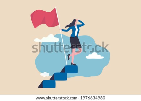 Success fearless female entrepreneur, woman leadership or challenge and achievement concept, success businesswoman on top of career staircase holding winning flag looking for future visionary.