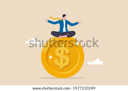 Financial guru or expert, behavioral finance mindfulness for wealth management, money and investment advisor concept, smart businessman meditate and floating on big golden money dollar coin.