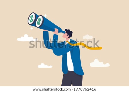 Looking for investment opportunity, money visionary, searching for yield, dividend or profit in stock market concept, wealthy businessman investor look through binoculars to see money dollar sign.