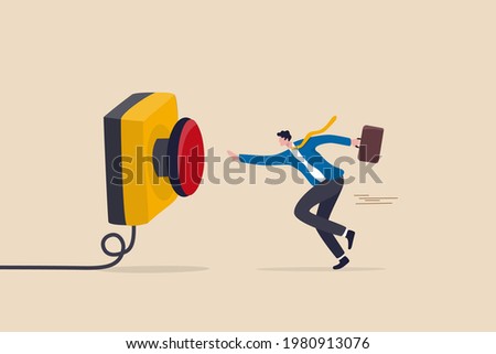 Push button call for emergency help, control or launch rocket, start new business or launch start up company concept, cautious businessman running in hurry to push red emergency button.