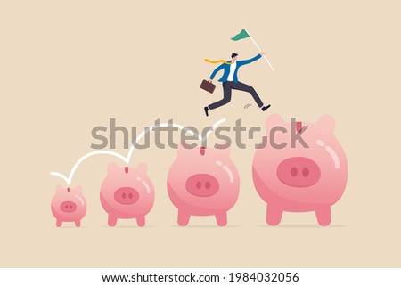 Investment and savings growth, salary or profit increase, making more money and collect more wealth concept, business man jumping from small piggy bank to bigger profit to achieve financial goal.