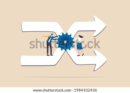 Change management, professional or expertise to manage company transformation or implement new process concept, business man staff team help turn gear cog to manage change direction arrows.