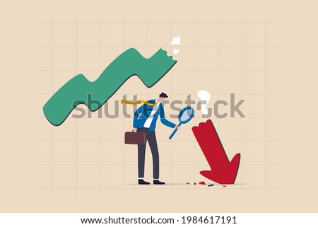 Market crash analysis, learn from failure or crisis and recession data, analyze or measure investment downturn concept, businessman analyst using magnification glass to look at red crash graph arrow.