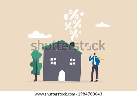 Real estate and housing mortgage rates, interest rate for house loan or renting, property tax or banking cost concept, businessman house owner looking at rising percentage smoke from house fireplace.